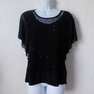 Vintage Black Mesh Sequin Blouse Stretch Top Medium